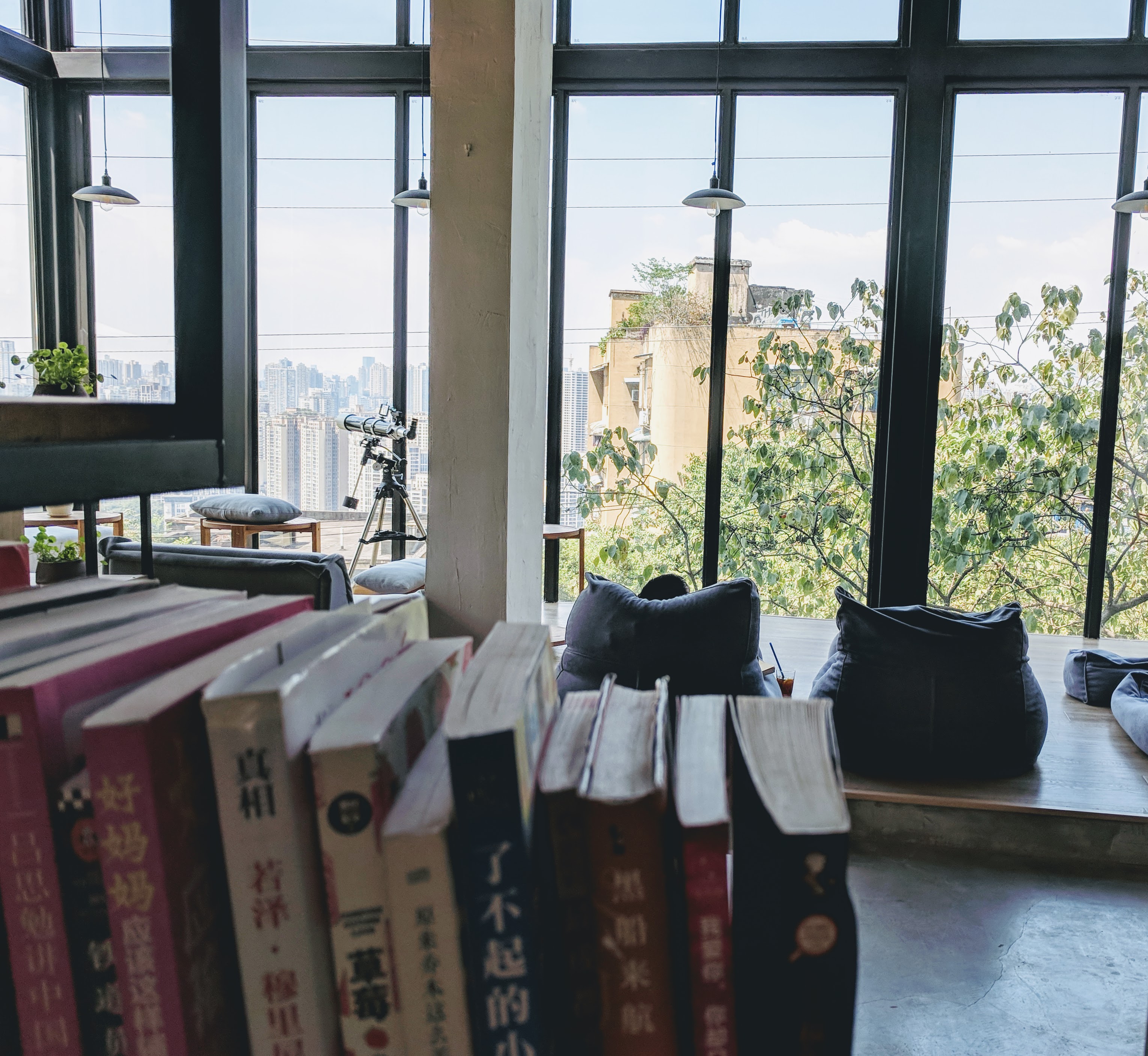 A photo from the perspective of a shelf within the cafe