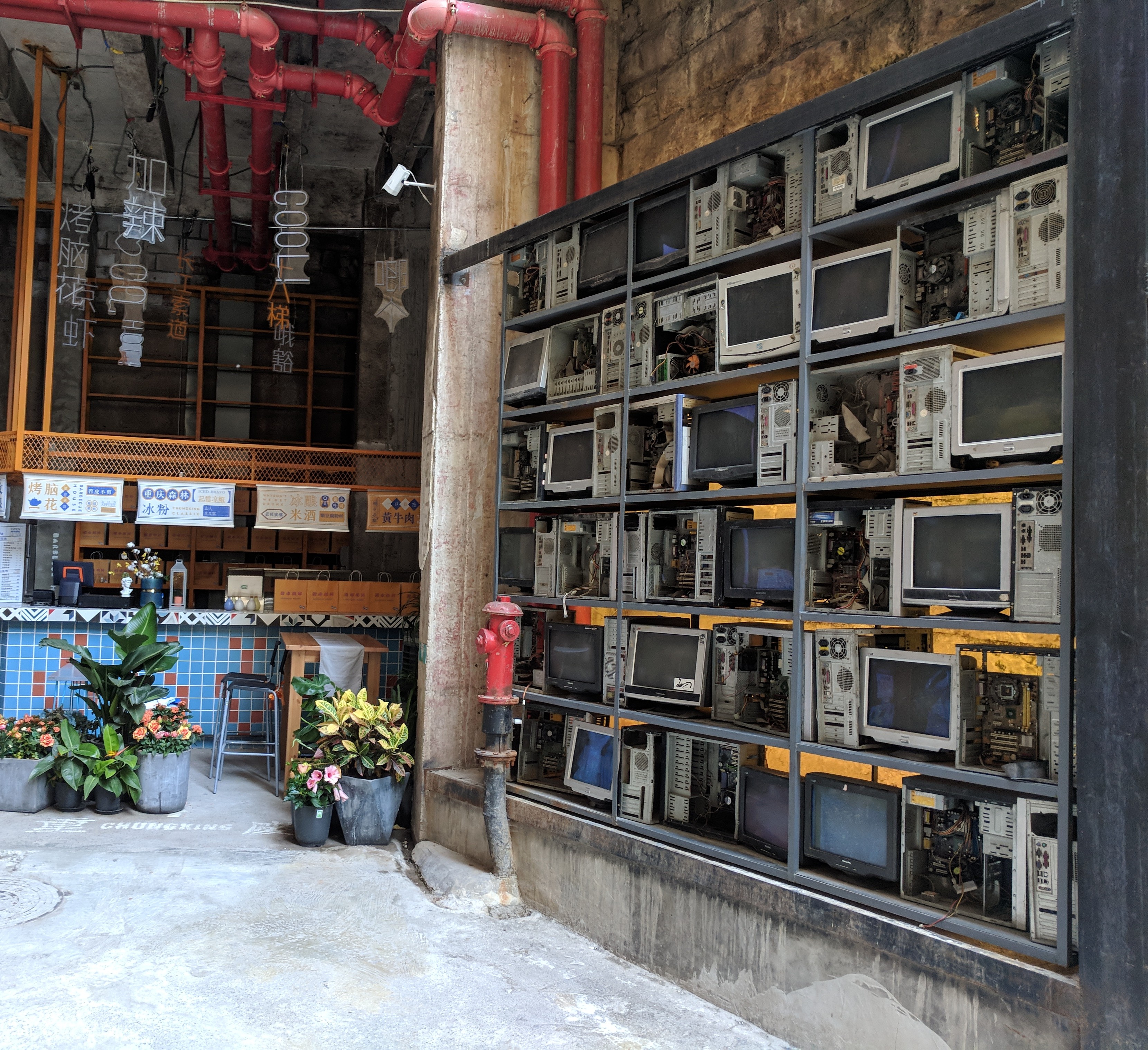 Part of one of the Testbed 2 installments: a wall made of old computer monitors