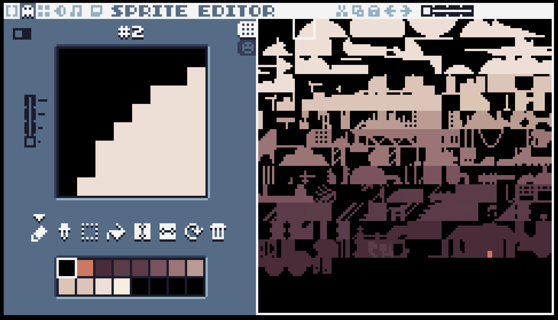 The sprite-editor tool within tic-80, populated with my beautiful tiles